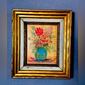 Vintage Framed Floral‎ Oil Painting Signed Small 7.5 x 6.5 x1"
